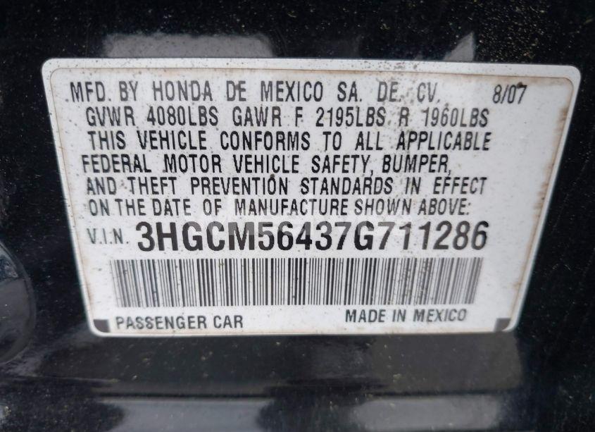 Photo 9 of 2007 Honda Accord 2.4 LX (VIN 3HGCM56437G711286)