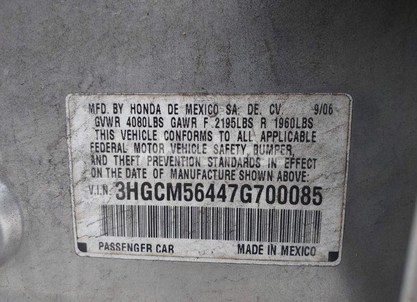 Photo 9 of 2007 Honda Accord 2.4 LX (VIN 3HGCM56447G700085)