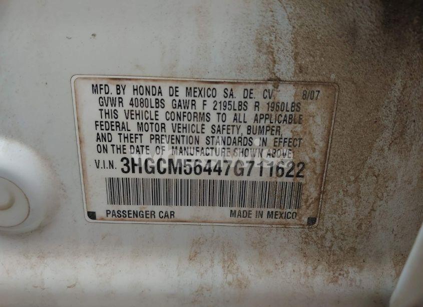 Photo 9 of 2007 Honda Accord 2.4 LX (VIN 3HGCM56447G711622)