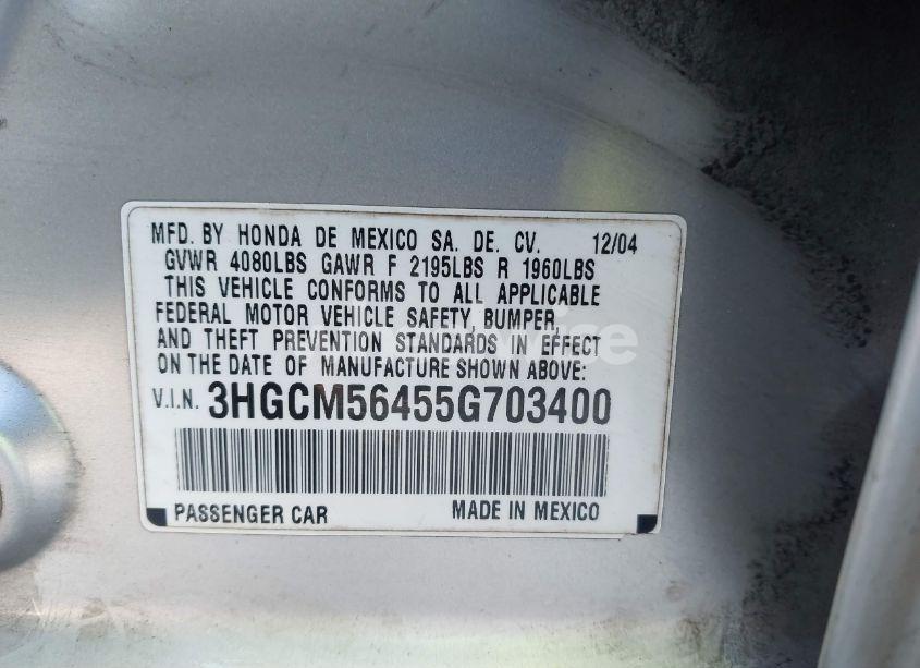 Photo 9 of 2005 Honda Accord 2.4 LX (VIN 3HGCM56455G703400)