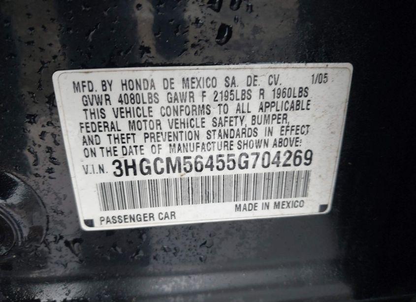 Photo 9 of 2005 Honda Accord 2.4 LX (VIN 3HGCM56455G704269)