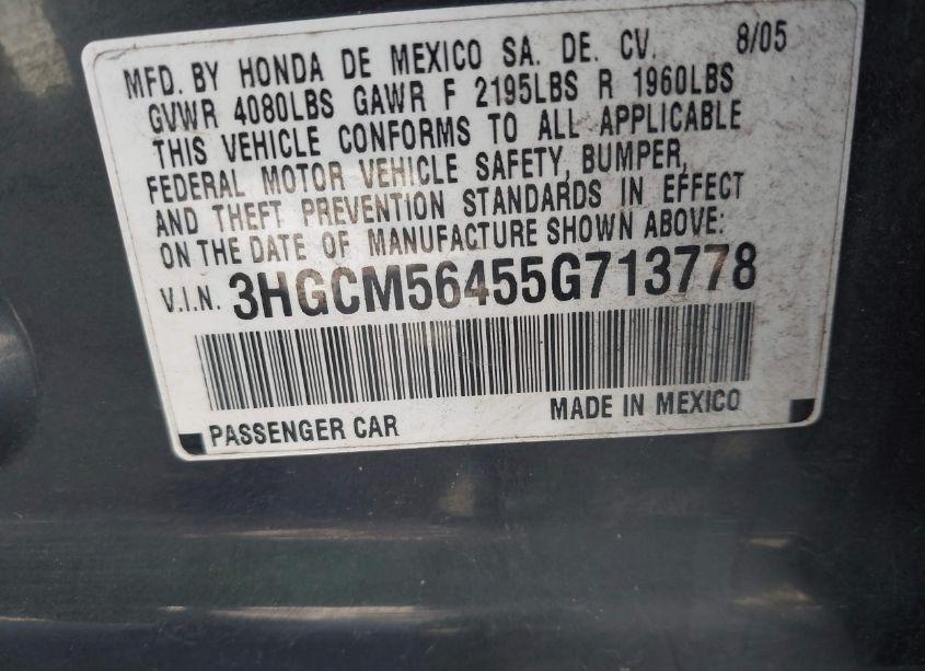 Photo 9 of 2005 Honda Accord 2.4 LX (VIN 3HGCM56455G713778)