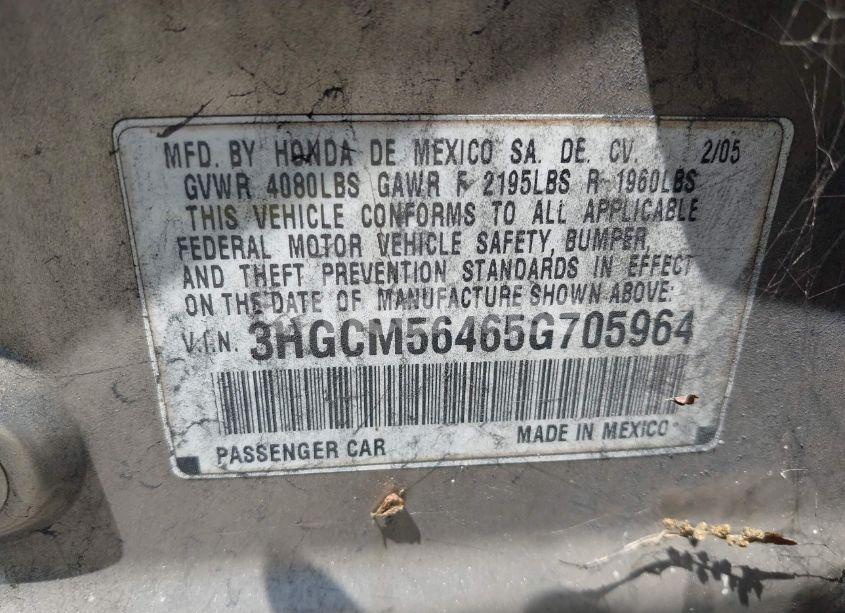 Photo 9 of 2005 Honda Accord 2.4 LX (VIN 3HGCM56465G705964)