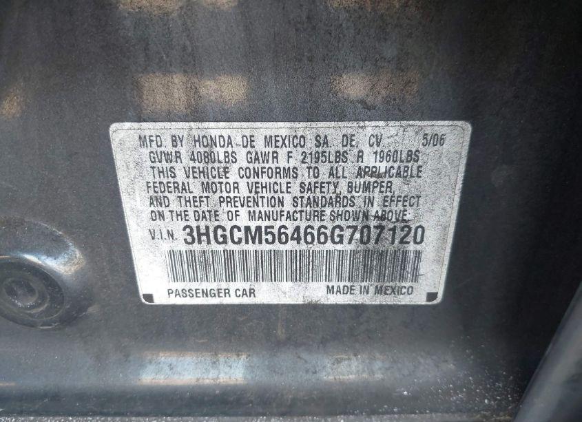 Photo 9 of 2006 Honda Accord LX (VIN 3HGCM56466G707120)