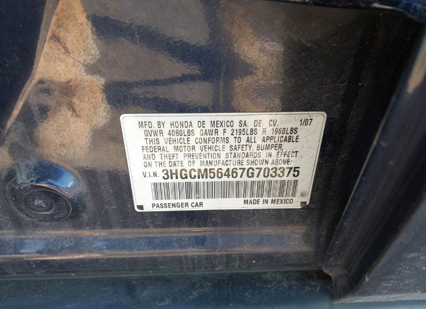 Photo 9 of 2007 Honda Accord 2.4 LX (VIN 3HGCM56467G703375)