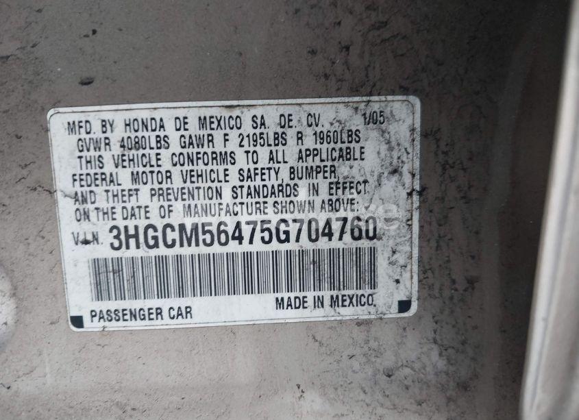 Photo 9 of 2005 Honda Accord 2.4 LX (VIN 3HGCM56475G704760)