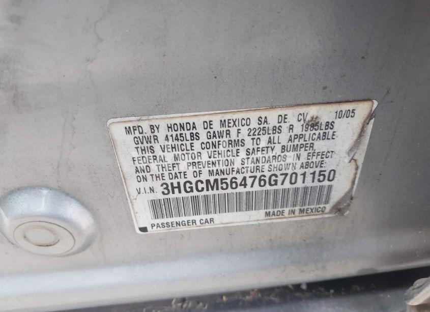 Photo 9 of 2006 Honda Accord 2.4 LX (VIN 3HGCM56476G701150)