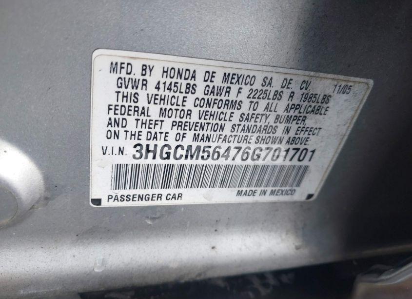 Photo 9 of 2006 Honda Accord 2.4 LX (VIN 3HGCM56476G701701)