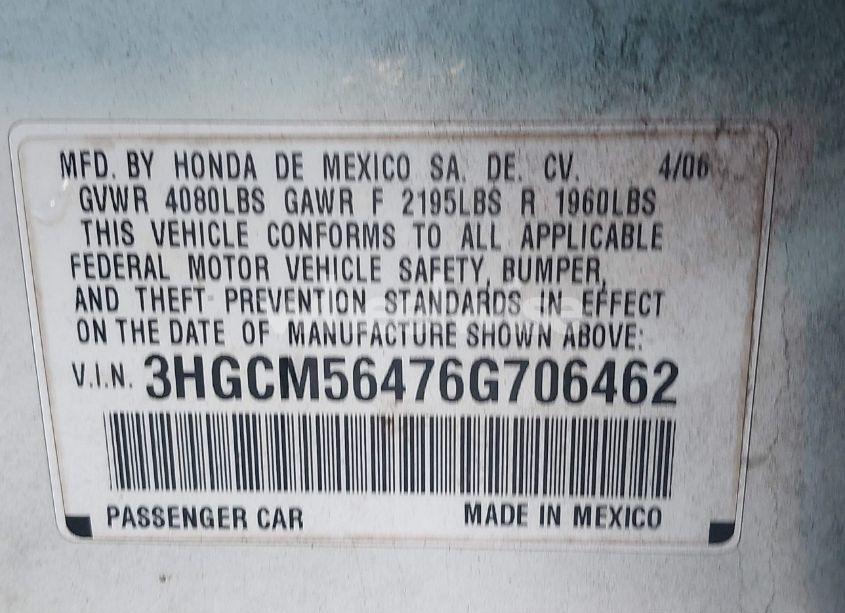 Photo 9 of 2006 Honda Accord LX (VIN 3HGCM56476G706462)