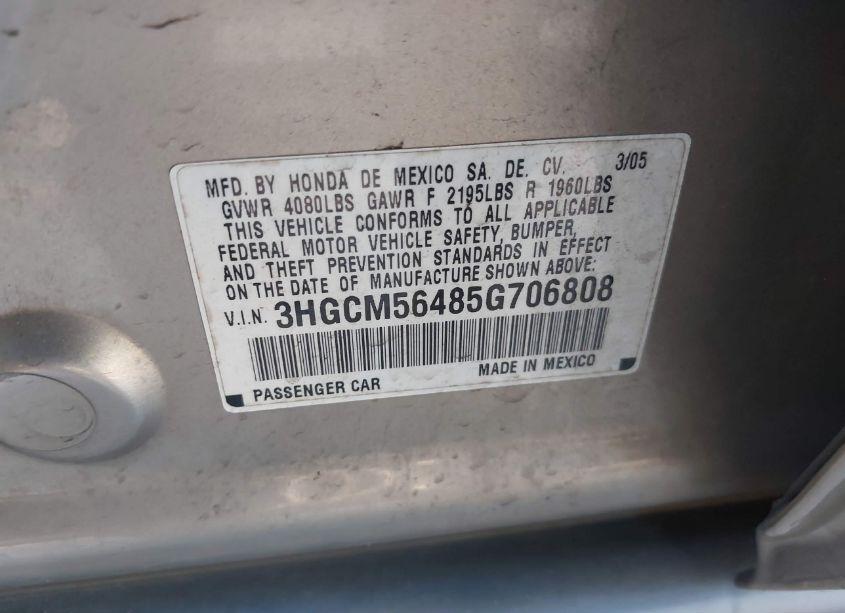 Photo 9 of 2005 Honda Accord 2.4 LX (VIN 3HGCM56485G706808)