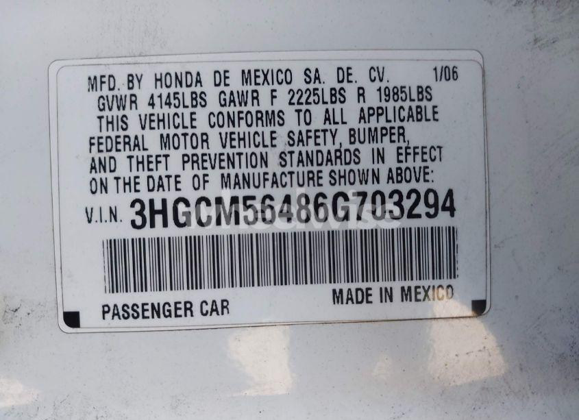 Photo 9 of 2006 Honda Accord 2.4 LX (VIN 3HGCM56486G703294)