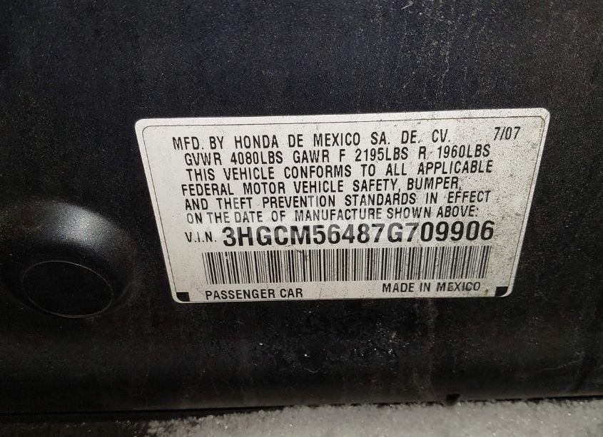 Photo 9 of 2007 Honda Accord 2.4 LX (VIN 3HGCM56487G709906)