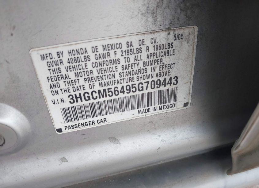 Photo 9 of 2005 Honda Accord 2.4 LX (VIN 3HGCM56495G709443)