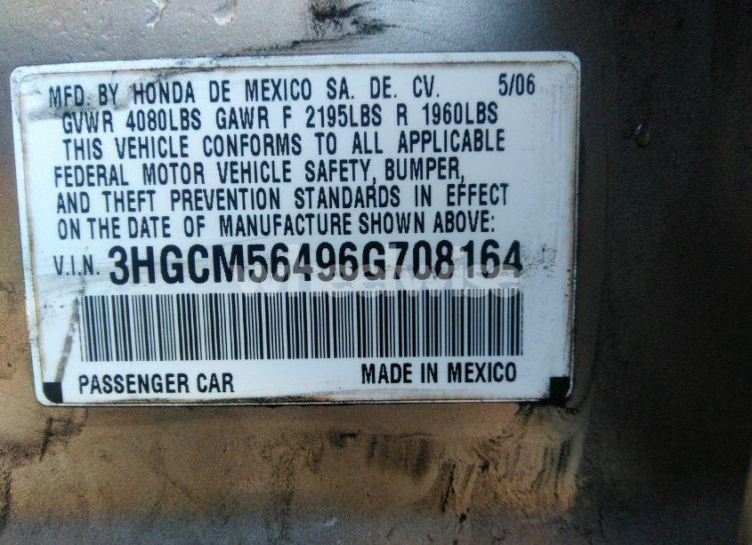 Photo 9 of 2006 Honda Accord 2.4 LX (VIN 3HGCM56496G708164)