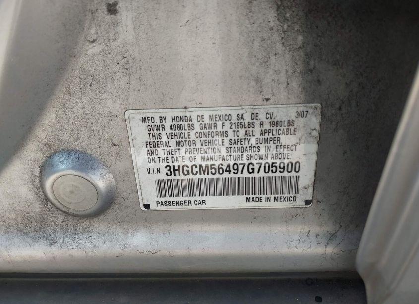 Photo 9 of 2007 Honda Accord 2.4 LX (VIN 3HGCM56497G705900)
