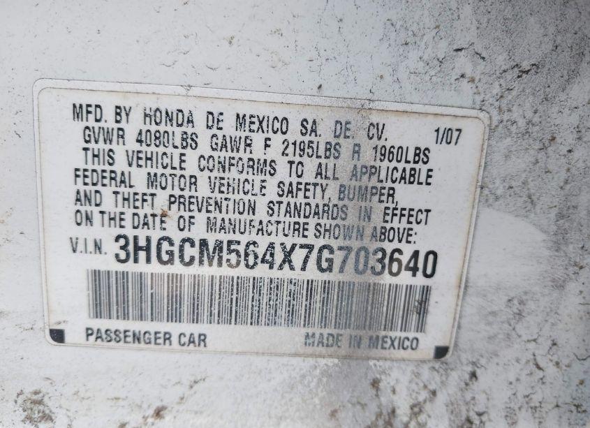 Photo 9 of 2007 Honda Accord 2.4 LX (VIN 3HGCM564X7G703640)