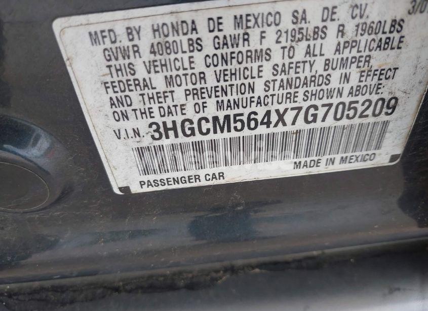 Photo 9 of 2007 Honda Accord 2.4 LX (VIN 3HGCM564X7G705209)