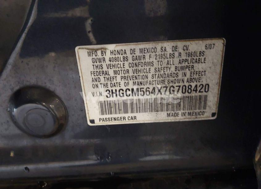 Photo 9 of 2007 Honda Accord 2.4 LX (VIN 3HGCM564X7G708420)