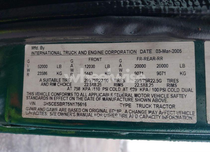Photo 12 of 2005 International 9200 9200I (VIN 3HSCESBR75N175616)