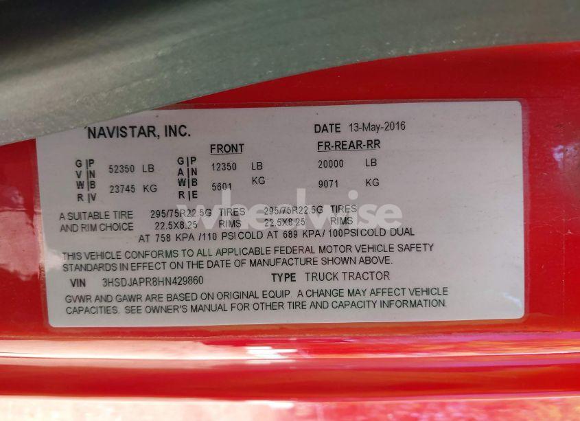 Photo 8 of 2017 International Prostar+ (VIN 3HSDJAPR8HN429860)