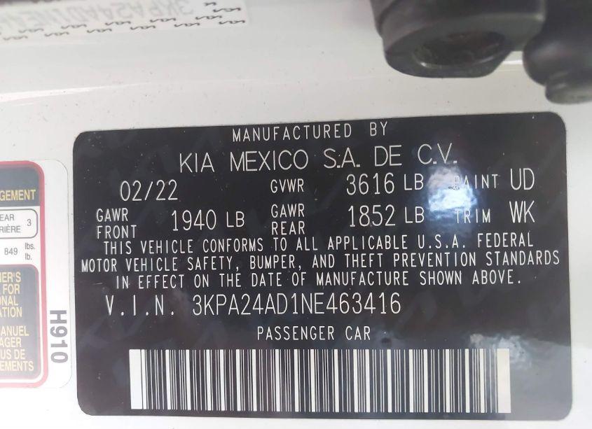 Photo 9 of 2022 Kia Rio LX (VIN 3KPA24AD1NE463416)