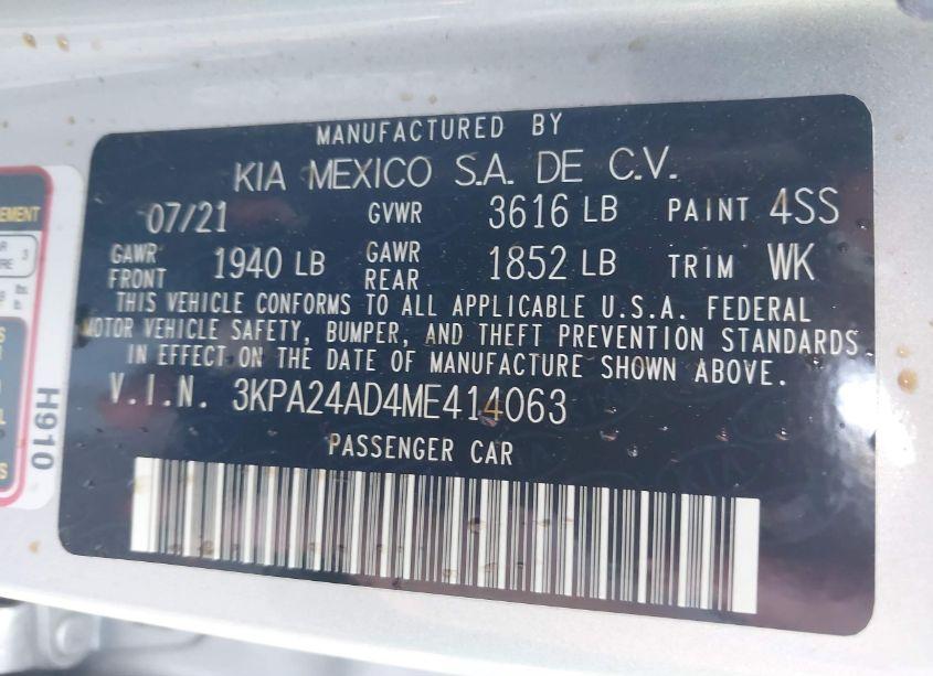 Photo 9 of 2021 Kia Rio LX (VIN 3KPA24AD4ME414063)