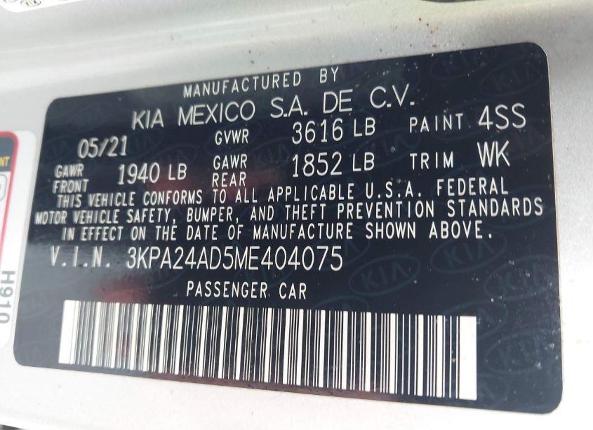 Photo 9 of 2021 Kia Rio LX (VIN 3KPA24AD5ME404075)