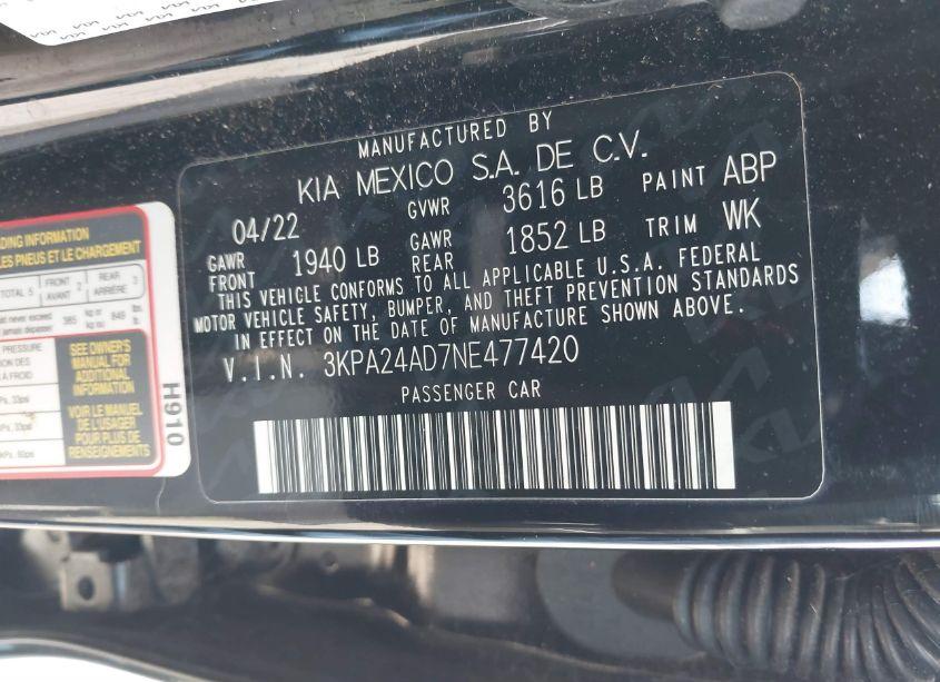 Photo 9 of 2022 Kia Rio LX/S (VIN 3KPA24AD7NE477420)