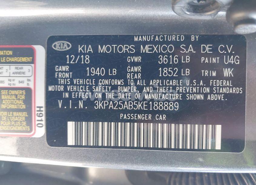 Photo 9 of 2019 Kia Rio 5-DOOR S (VIN 3KPA25AB5KE188889)