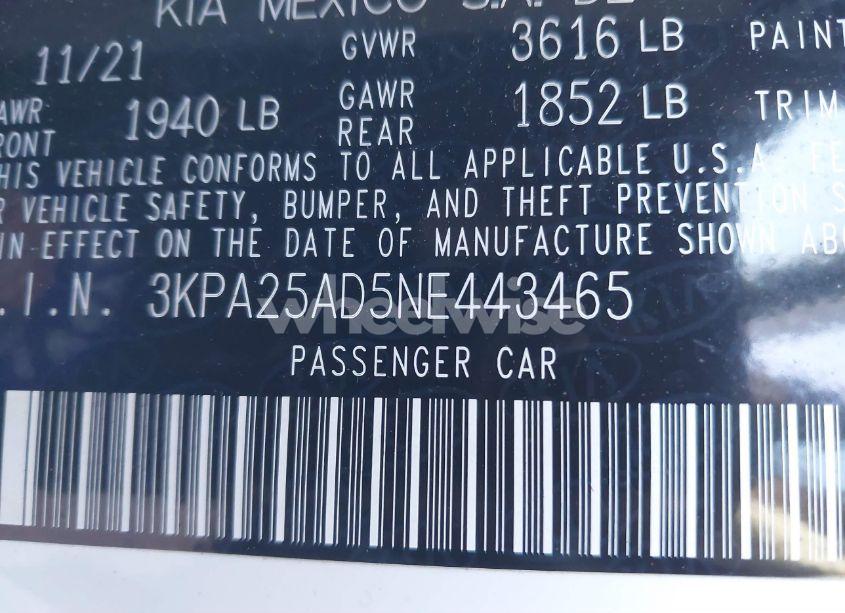 Photo 9 of 2022 Kia Rio 5-DOOR S (VIN 3KPA25AD5NE443465)