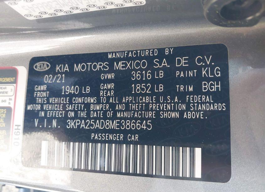 Photo 9 of 2021 Kia Rio 5-DOOR S (VIN 3KPA25AD8ME386645)