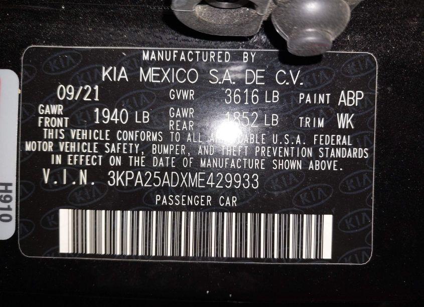 Photo 9 of 2021 Kia Rio 5-DOOR S (VIN 3KPA25ADXME429933)