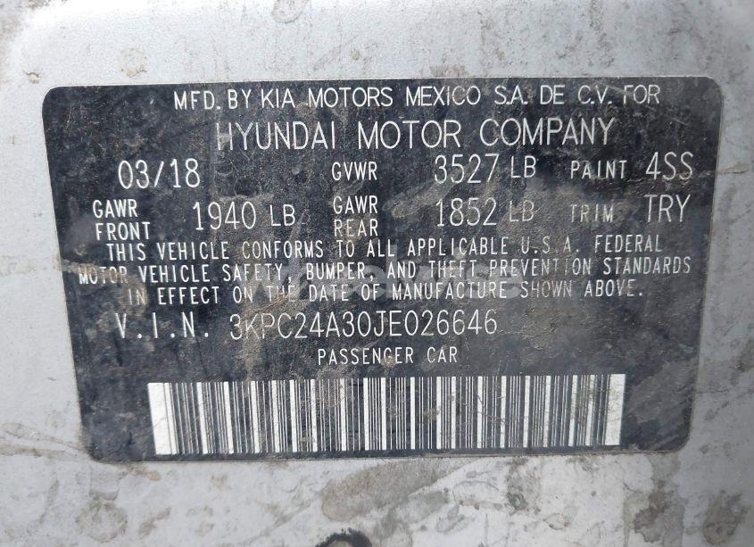 Photo 9 of 2018 Hyundai Accent SE (VIN 3KPC24A30JE026646)