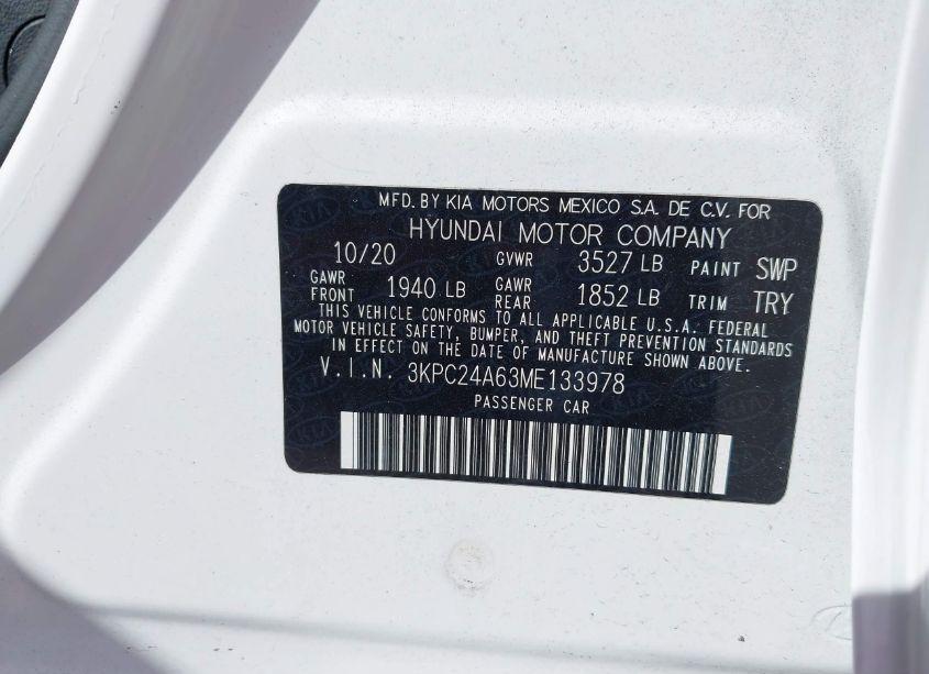 Photo 9 of 2021 Hyundai Accent SE (VIN 3KPC24A63ME133978)