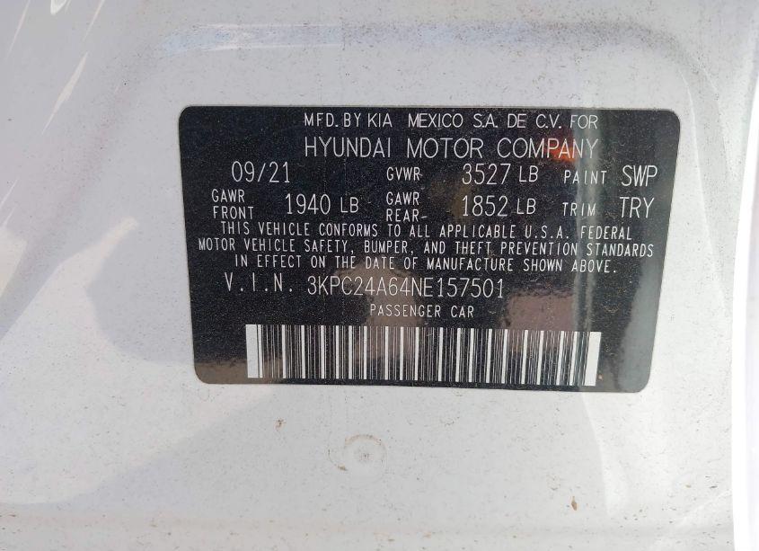 Photo 9 of 2022 Hyundai Accent SE (VIN 3KPC24A64NE157501)