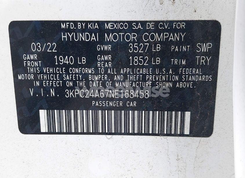 Photo 9 of 2022 Hyundai Accent SEL (VIN 3KPC24A67NE168458)