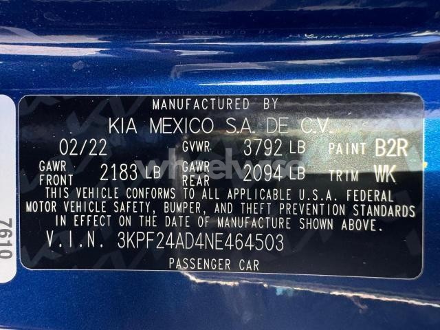 Photo 8 of 2022 KIA FORTE FE (VIN 3KPF24AD4NE464503)