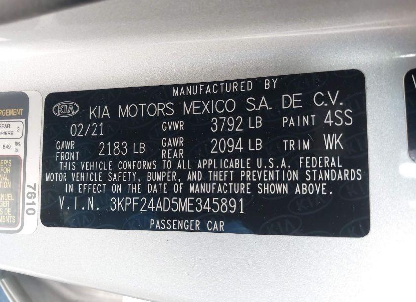 Photo 9 of 2021 Kia Forte LXS (VIN 3KPF24AD5ME345891)