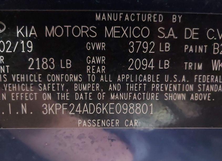 Photo 9 of 2019 Kia Forte LXS (VIN 3KPF24AD6KE098801)