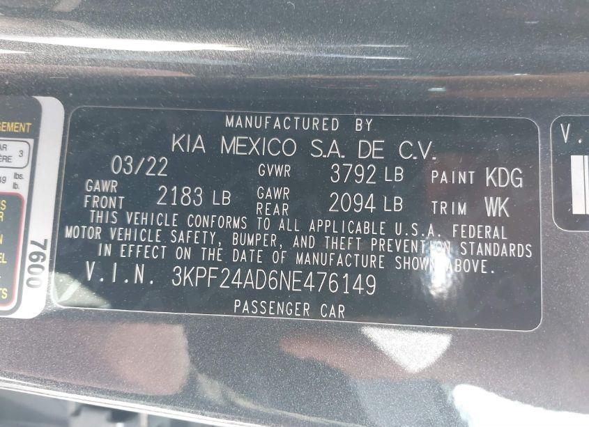 Photo 9 of 2022 Kia Forte FE (VIN 3KPF24AD6NE476149)