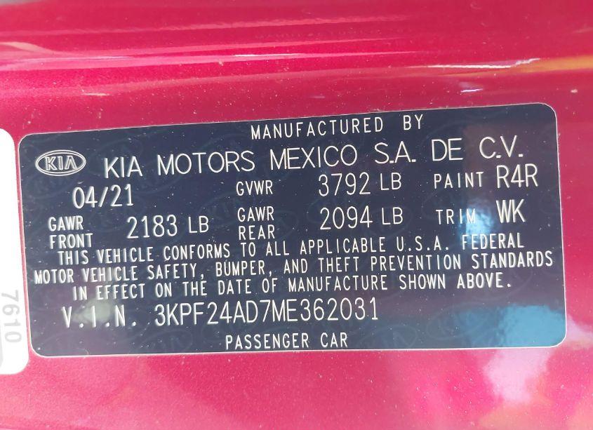 Photo 9 of 2021 Kia Forte LXS (VIN 3KPF24AD7ME362031)