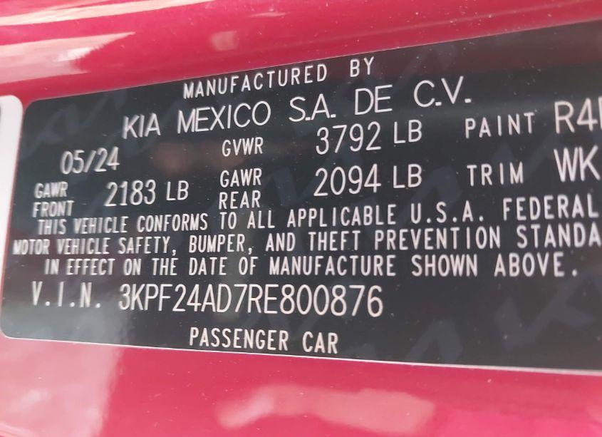 Photo 9 of 2024 Kia Forte LXS (VIN 3KPF24AD7RE800876)