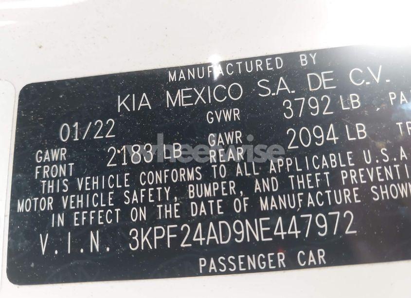 Photo 9 of 2022 Kia Forte FE (VIN 3KPF24AD9NE447972)