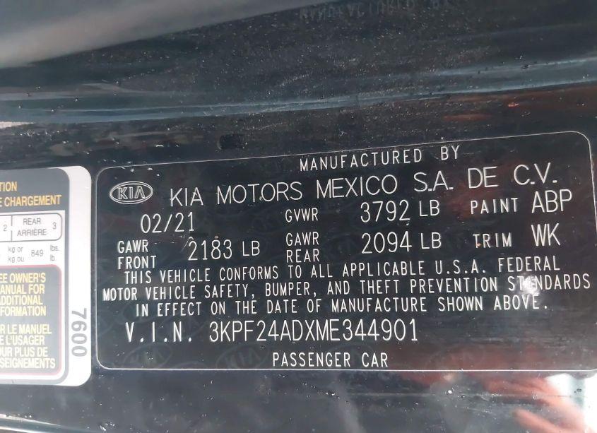 Photo 9 of 2021 Kia Forte FE (VIN 3KPF24ADXME344901)