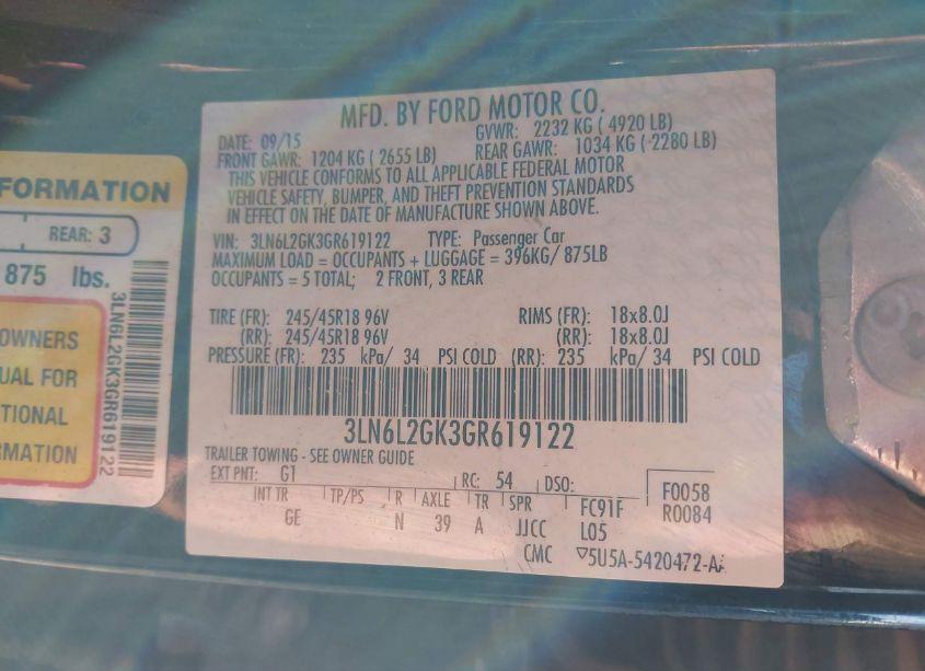 Photo 9 of 2016 Lincoln Mkz (VIN 3LN6L2GK3GR619122)