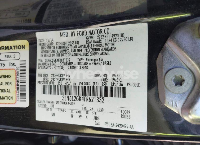 Photo 9 of 2015 Lincoln Mkz (VIN 3LN6L2GK4FR621332)