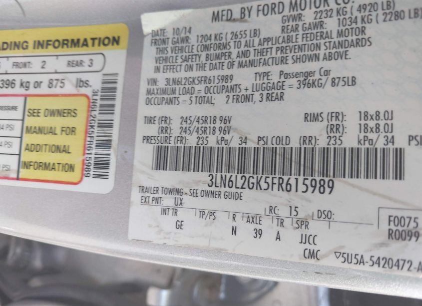 Photo 9 of 2015 Lincoln Mkz (VIN 3LN6L2GK5FR615989)