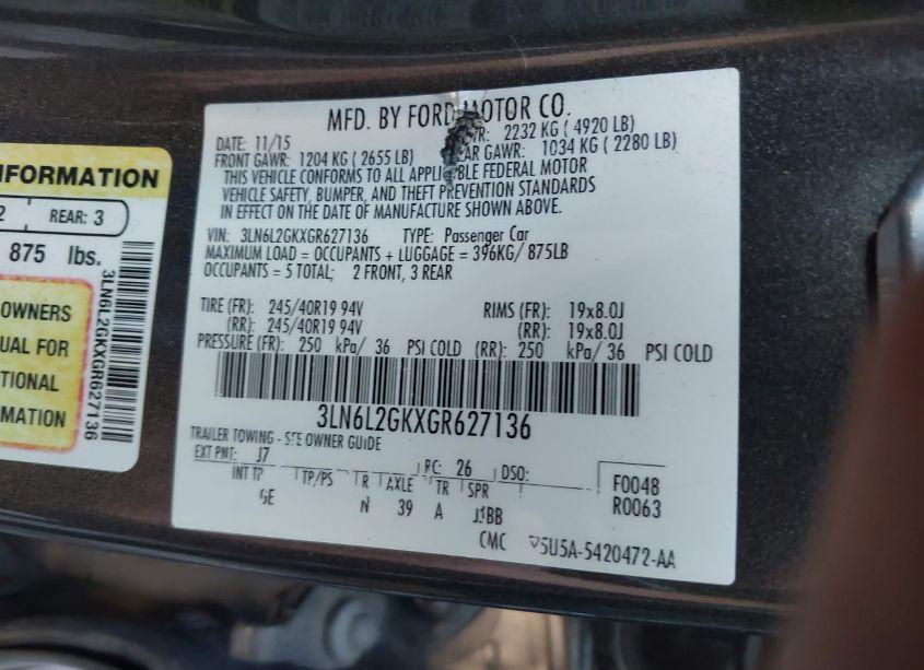 Photo 9 of 2016 Lincoln Mkz (VIN 3LN6L2GKXGR627136)