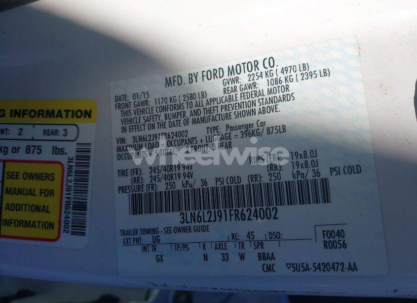 Photo 9 of 2015 Lincoln Mkz (VIN 3LN6L2J91FR624002)