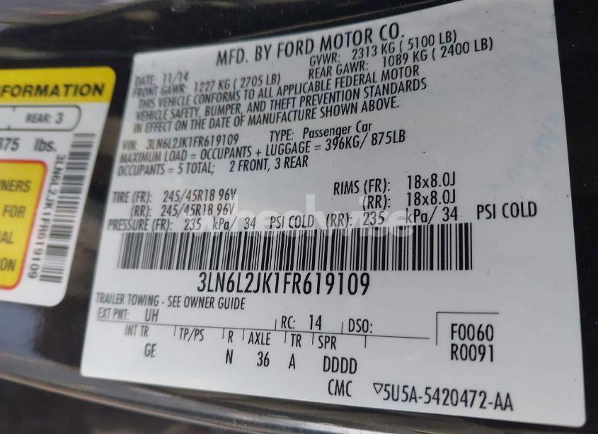 Photo 9 of 2015 Lincoln Mkz (VIN 3LN6L2JK1FR619109)